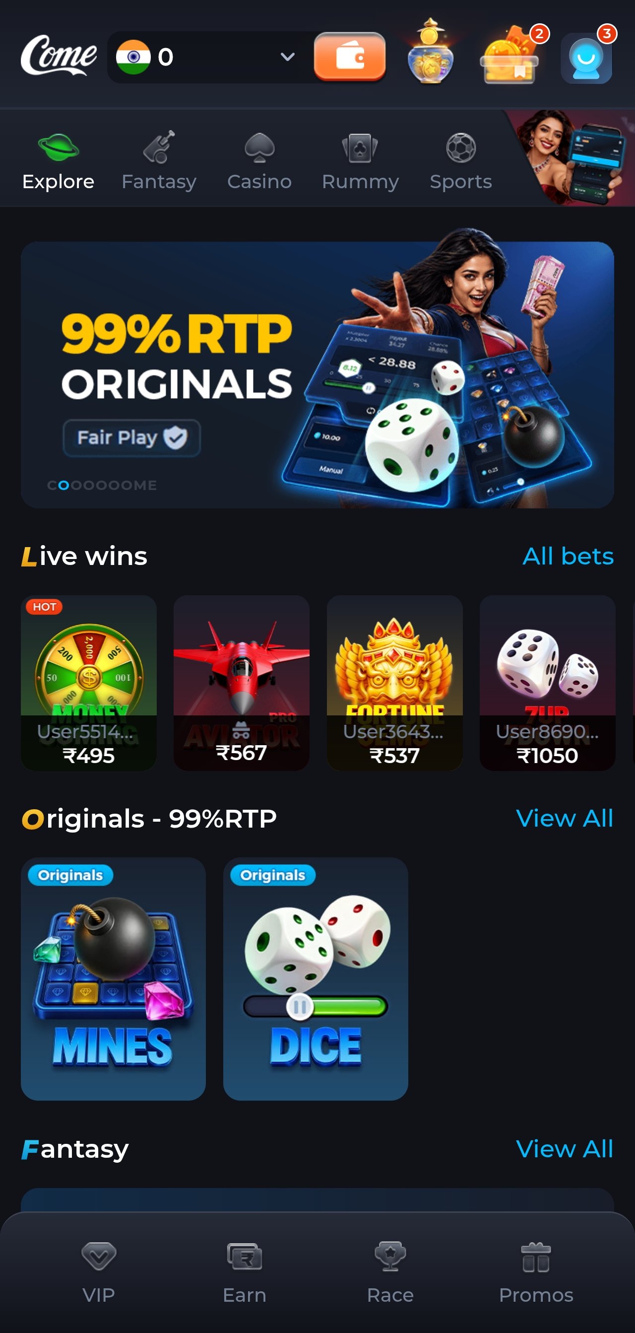 Comegame app home screen on an Android phone showing the game lobby and live wins feed